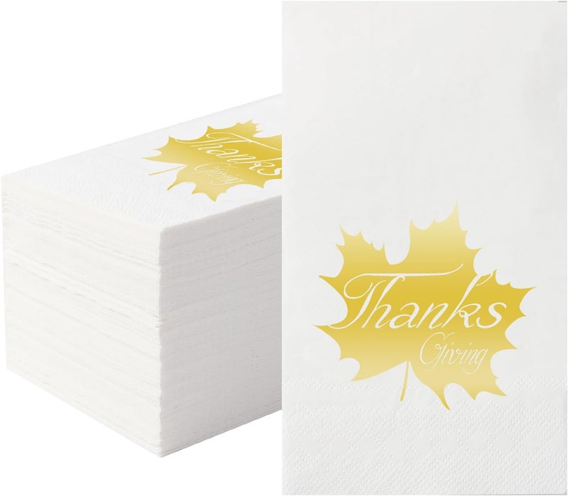 Tamone 100PCS 3-Ply Thanksgiving Napkins - Gold Paper Napkins Maple Design - White and Gold Napkins Disposable - Premium Quality Dinner Napkins Soft and Absorbent for Wedding Party Birthday - Image 1